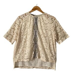 Ivory‎ Sz Sm Lace Short Sleeve Blouse High Low Keyhole Back Victorian Chic